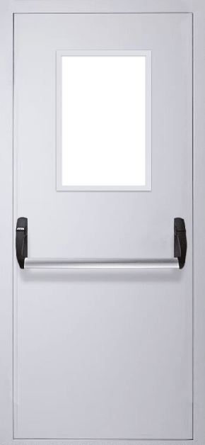 Однопольная противопожарная дверь «Антипаника» со стеклом (RAL 7035) 