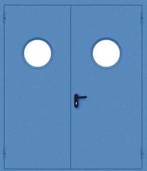Двупольная противопожарная дверь с круглым стеклом (порошок / синяя)