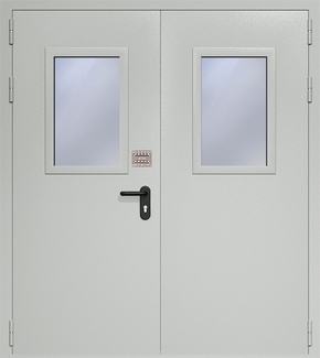 Двупольная противопожарная дверь EI 60 со стеклами и кодовым замком 06
