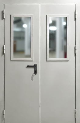 Двупольная противопожарная дверь с порошковым напылением и стеклом (белая)