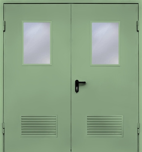 Двупольная противопожарная дверь с вентиляцией и стеклом EI 60 (RAL 6019)