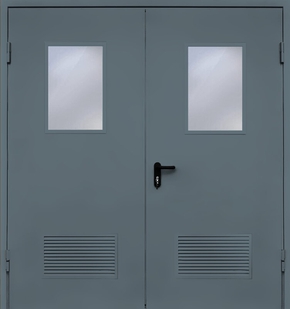 Двупольная противопожарная дверь с вентиляцией и стеклом EI 60 (RAL 7031)