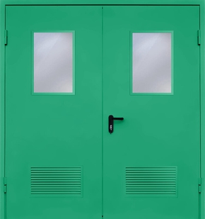 Двупольная противопожарная дверь с вентиляцией и стеклом EI 60 (RAL 6024)