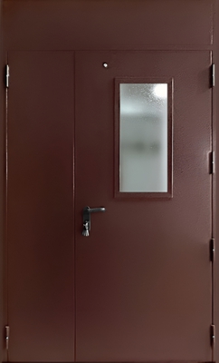 Полуторапольная противопожарная дверь с порошковым напылением и стеклом (коричневая)