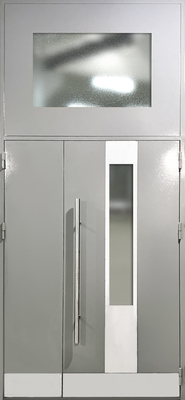 Полуторная техническая дверь со стеклом и фрамугой (серая)