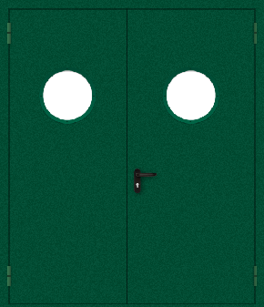 Двупольная противопожарная дверь с круглым стеклом (порошок / зеленая)