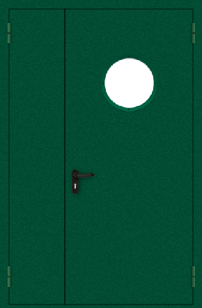 Полуторапольная противопожарная дверь с круглым стеклом (порошок / зеленая)